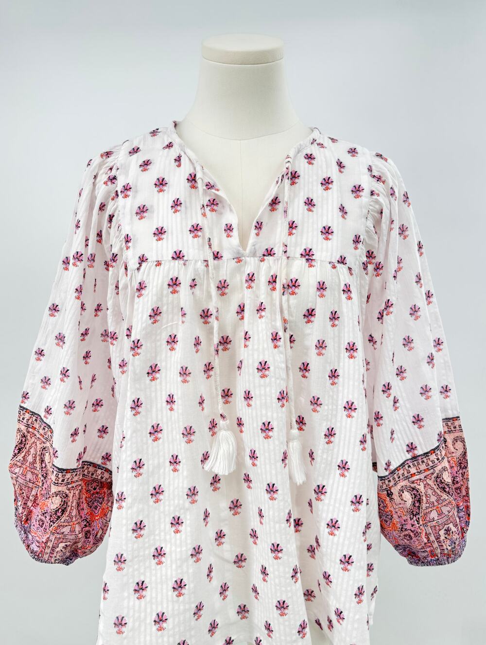 Cleobella White Tawny Blouse Block Print Boho Tassel Top Popover Cotton M